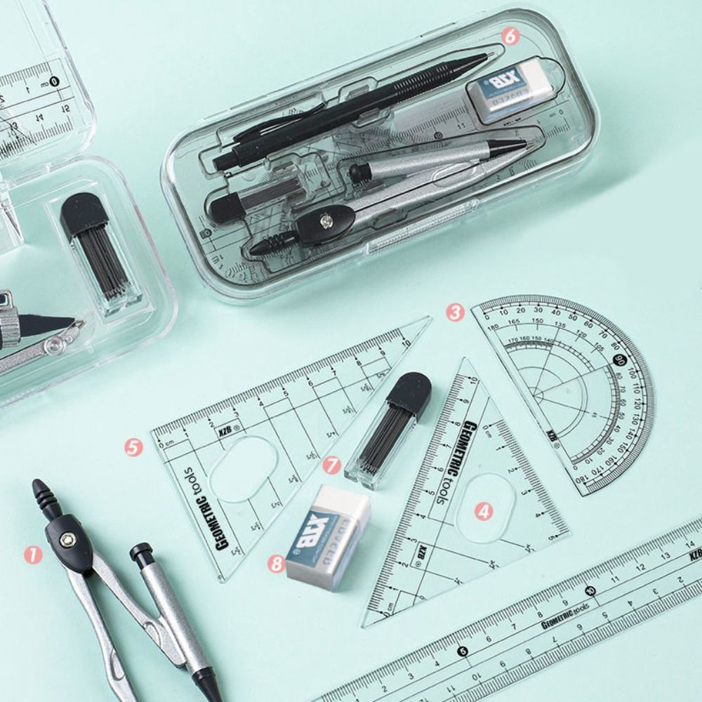 Compass Geometry Set - 8点セット 多機能製図用コンパス定規キット 精密コンパクト幾何学コンパスセット（箱入り三角定規付き）