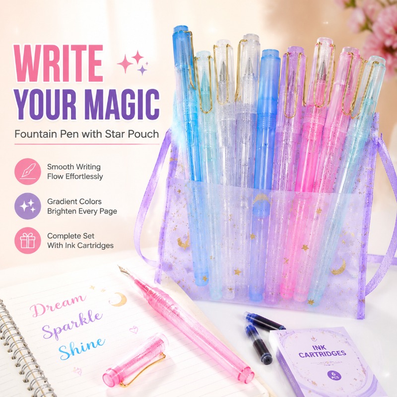 Fountain Pen Ink - スターポーチ付き万年筆、グラデーションカラーの高級感あるキュートなペン（学生・女子向け）、インクカートリッジ付きの書道ペン