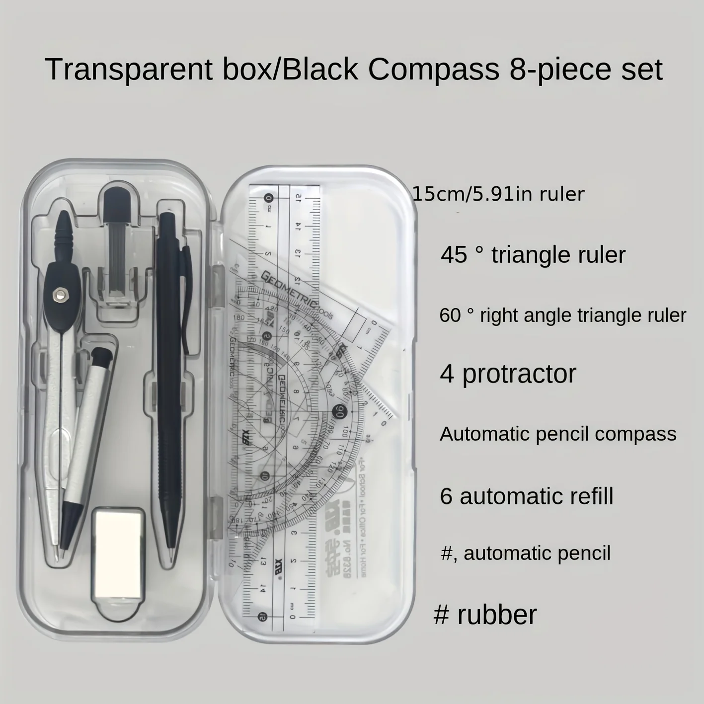 コンパス、定規、分度器を含む8 in 1数学幾何学キット、学 - Compass Geometry Set のレビューと価格