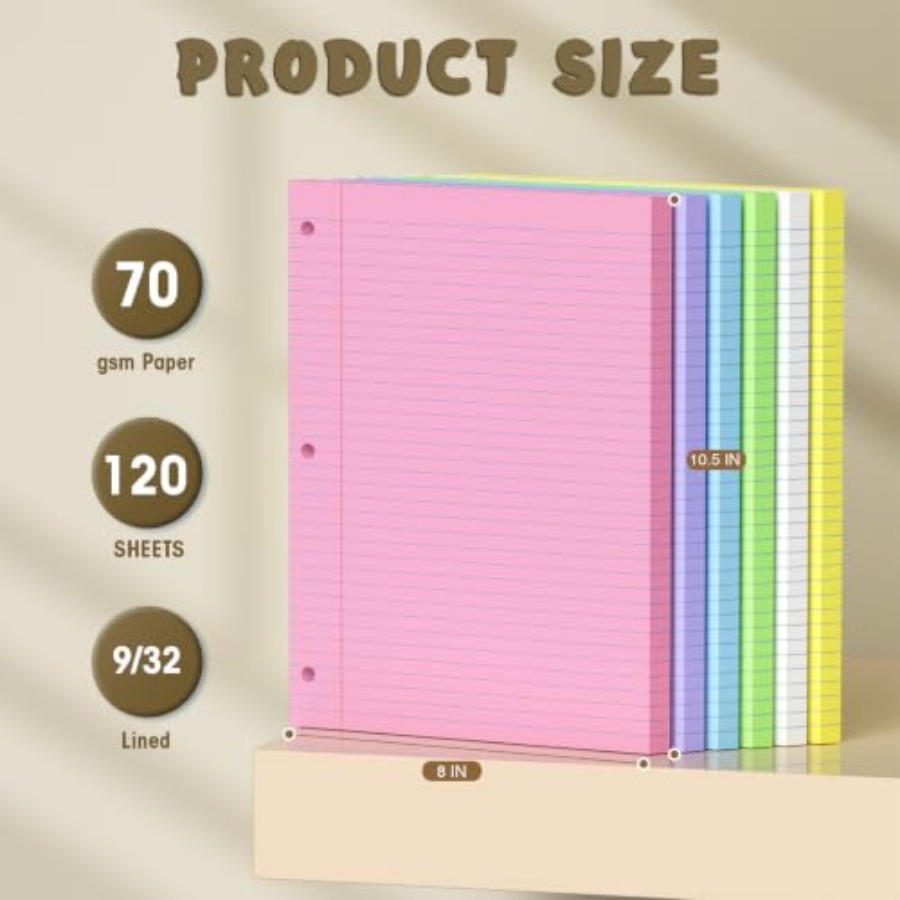 120枚入り カラフルな8x10.5インチルーズリーフペーパ - Paper Punch 3 Hole のレビューと価格